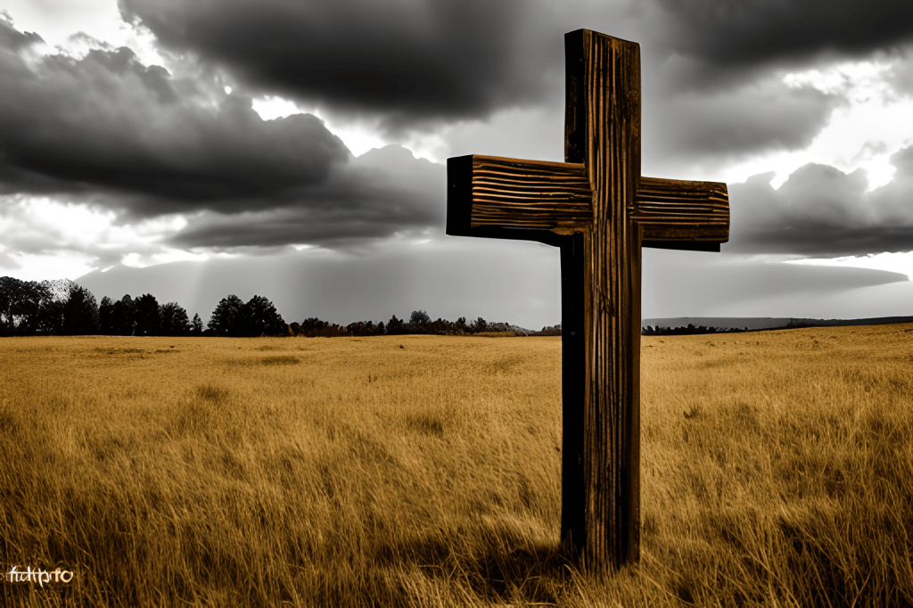 Beautiful Worn Rustic Wooden Cross on Grass Hill · Creative Fabrica