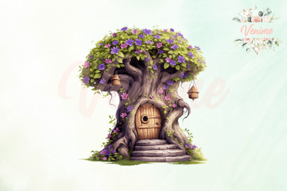 Tree Trunk Flowers Fairies Watercolor Graphic by Venime · Creative Fabrica