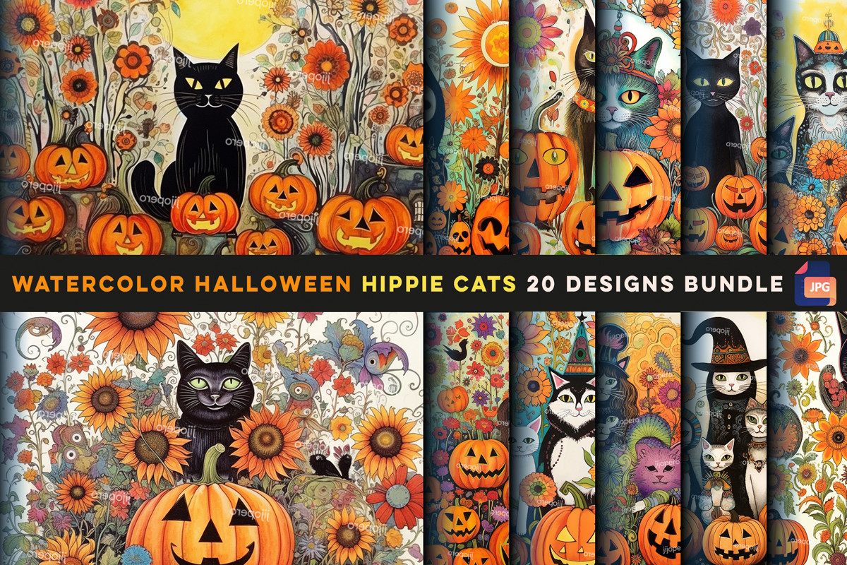 Watercolor Halloween Hippie Cats Graphic by jijopero · Creative Fabrica