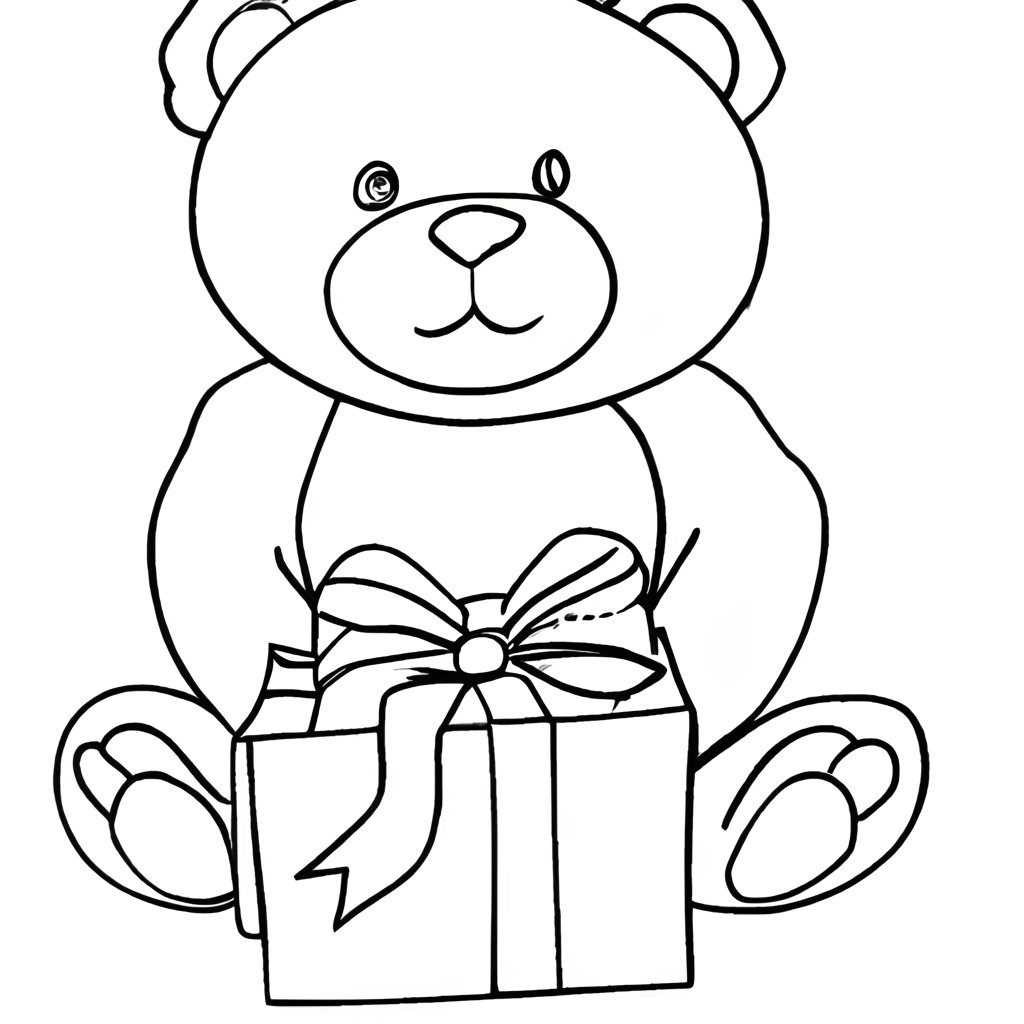Line Drawing Teddy Bear with Present Black and White · Creative Fabrica