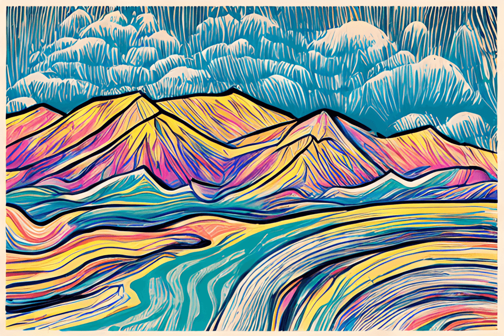 Flat Triadic Bright Color Abstract Line Drawing Mountain Landscape ...