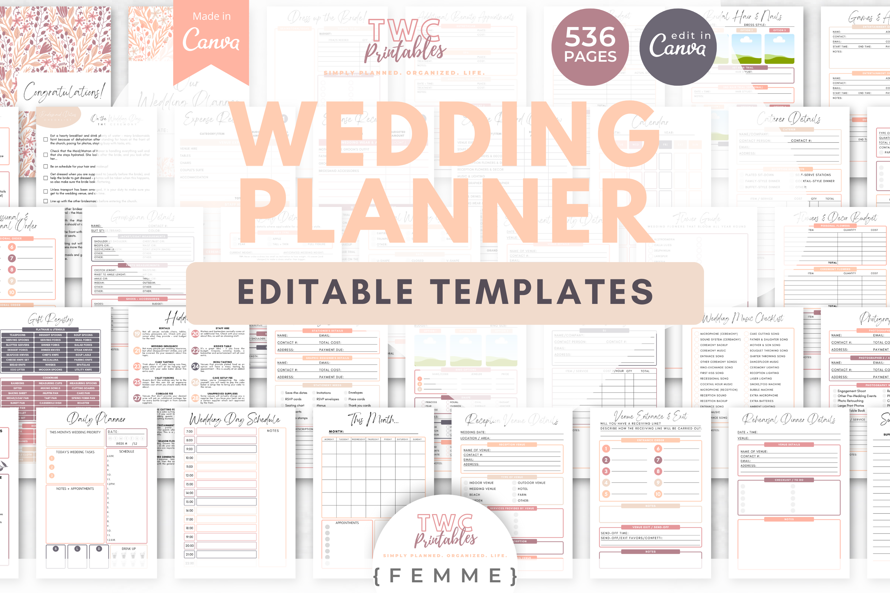 Downloadable Wedding Planner, 100 Pages Canva Editable Interior