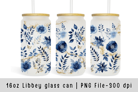 Blue Flowers 16oz Libbey Glass Can Wrap Graphic Graphic Templates By sasikharn