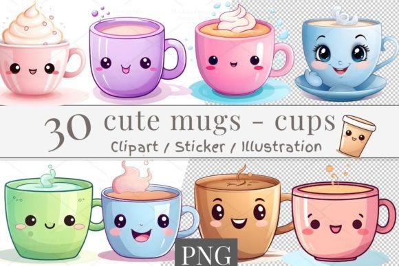 Cute Coffee Cup Expressions Digital Clip Art for Scrapbooking Card