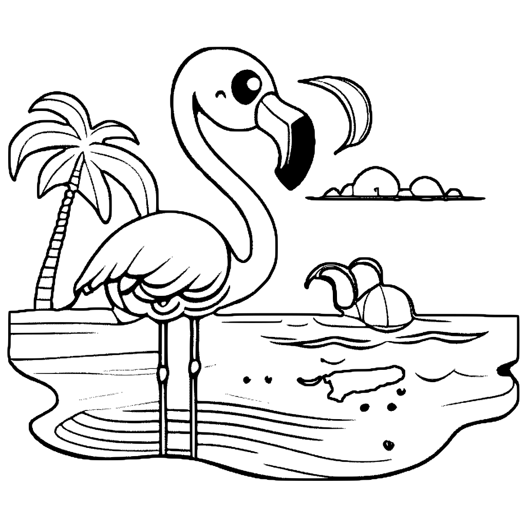 Flamingo at the Beach Kawaii Coloring Page · Creative Fabrica