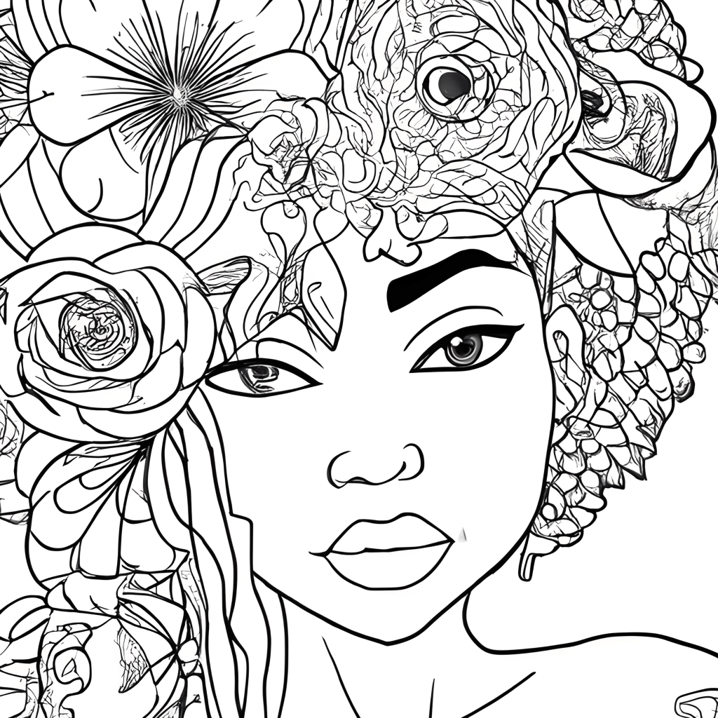 Black Women with Flowers in Her Hair Coloring Page · Creative Fabrica