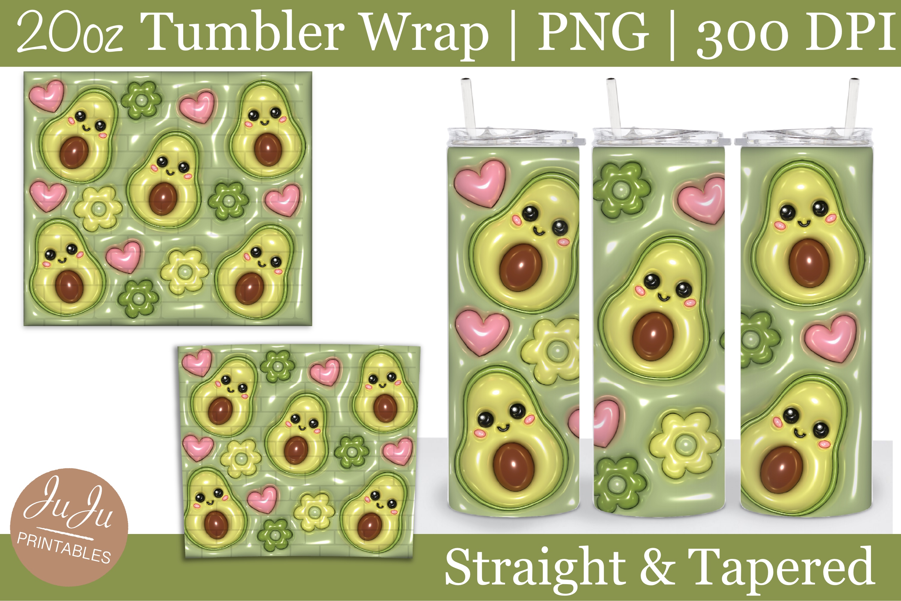 Puffy Avocado Kawaii 20oz Tumbler Wrap Graphic by JuJu Prints Co
