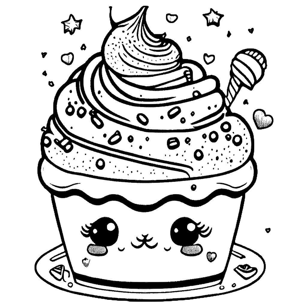 Cute Kawaii Cupcake Ice Cream Coloring Page · Creative Fabrica
