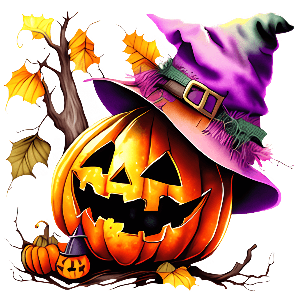 abóboras de halloween com um chapéu de feitiçaria e cara