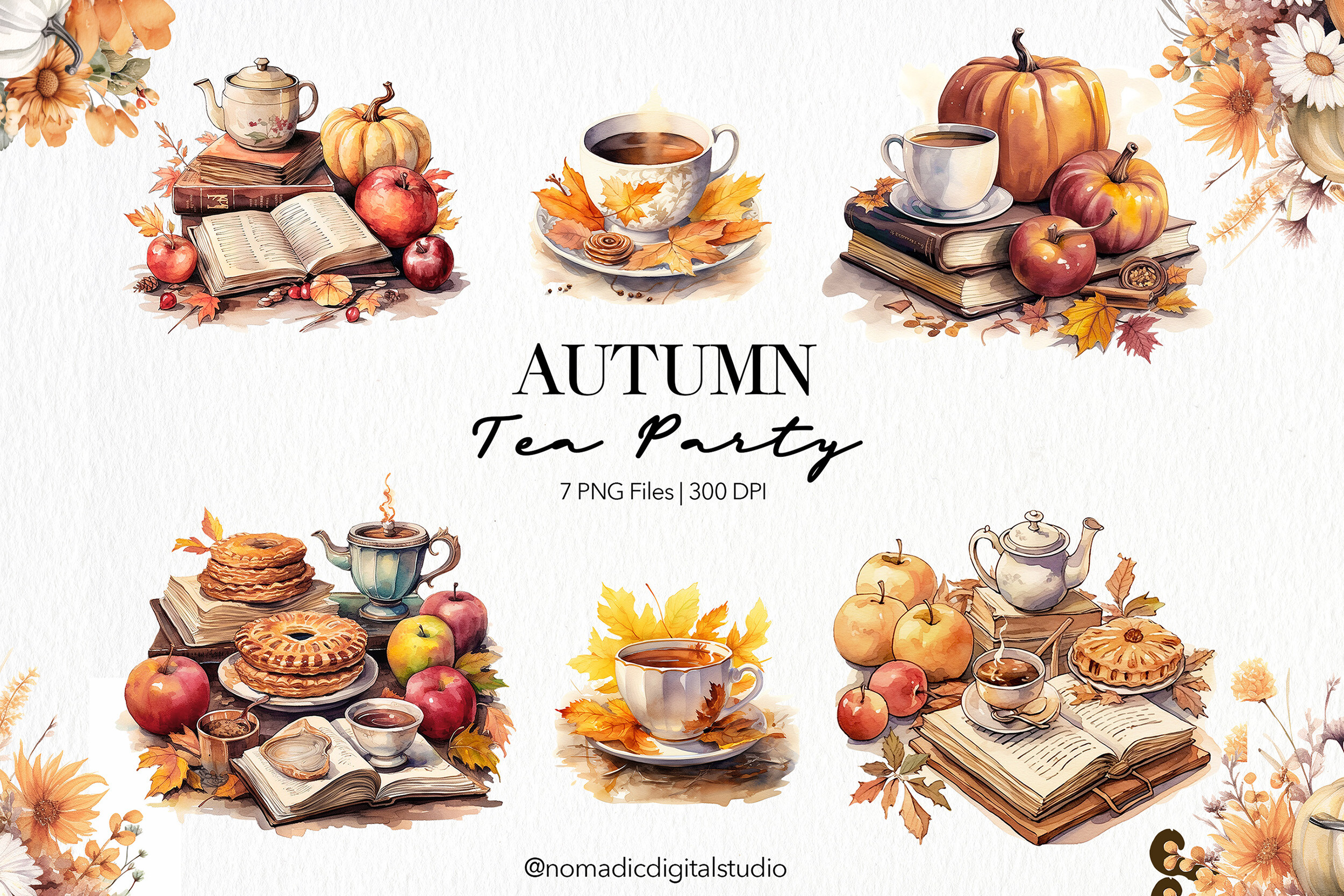 Watercolor Autumn Tea Party Clipart Png Graphic by EssentiallyNomadic ...