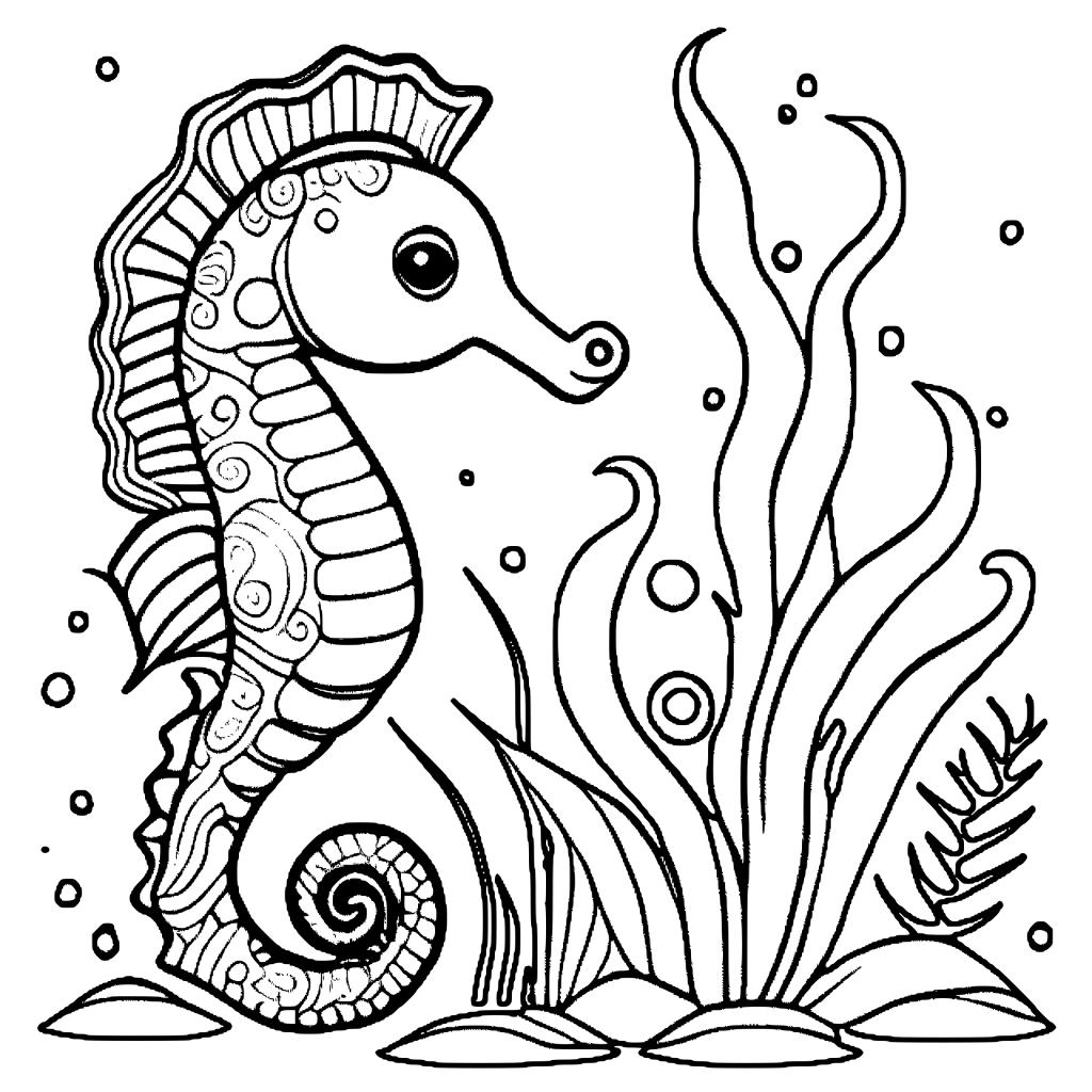 Seahorse Coloring Page Black and White · Creative Fabrica