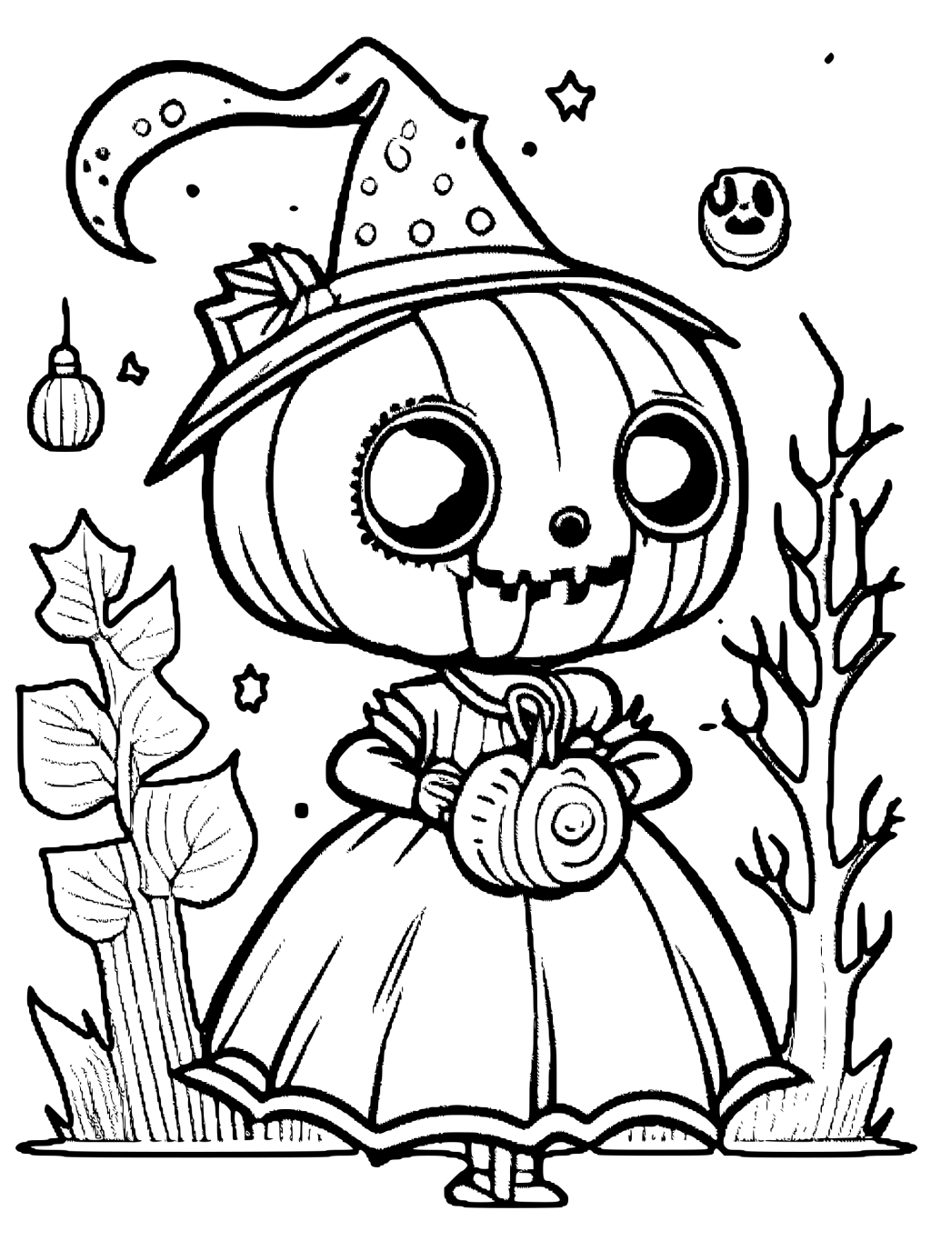 Desenho para colorir de personagens fofos de Halloween · Creative Fabrica