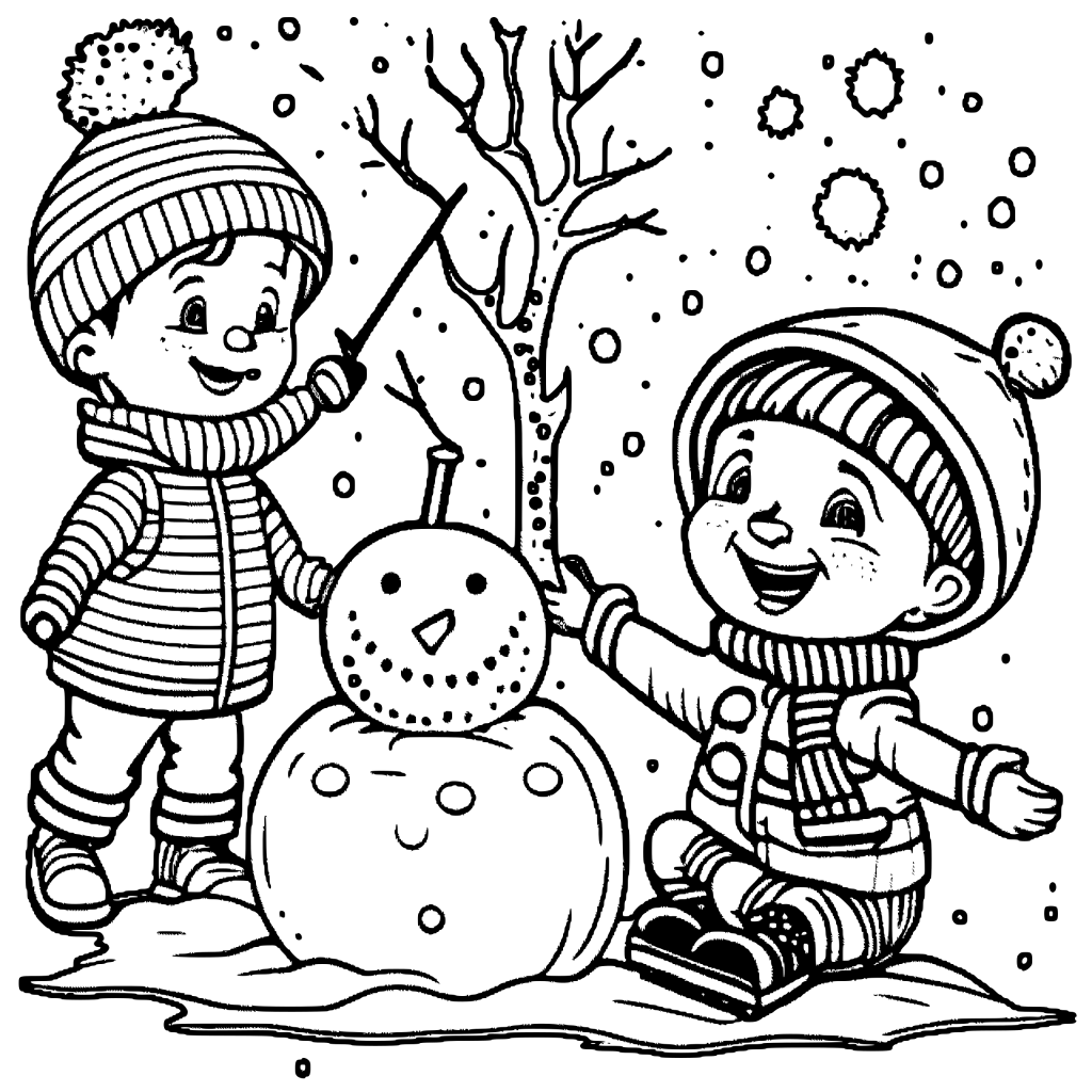 Children Playing in the Snow and Building a Snowman Coloring Page ...