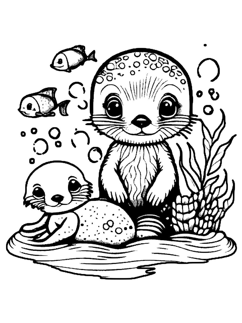 Cute Sea Otter Family Relaxing Coloring Page · Creative Fabrica