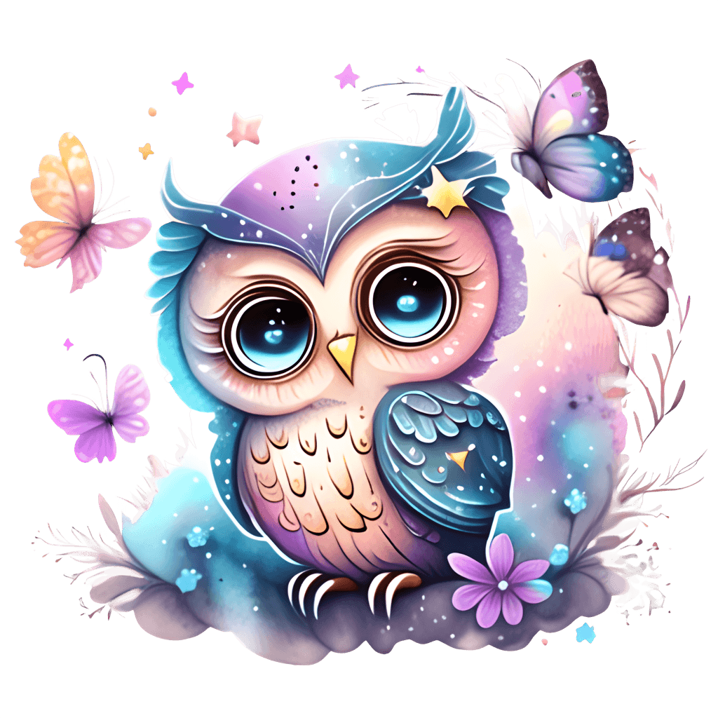 Glittery Fairytale Owl Praying with Butterflies Graphic · Creative Fabrica