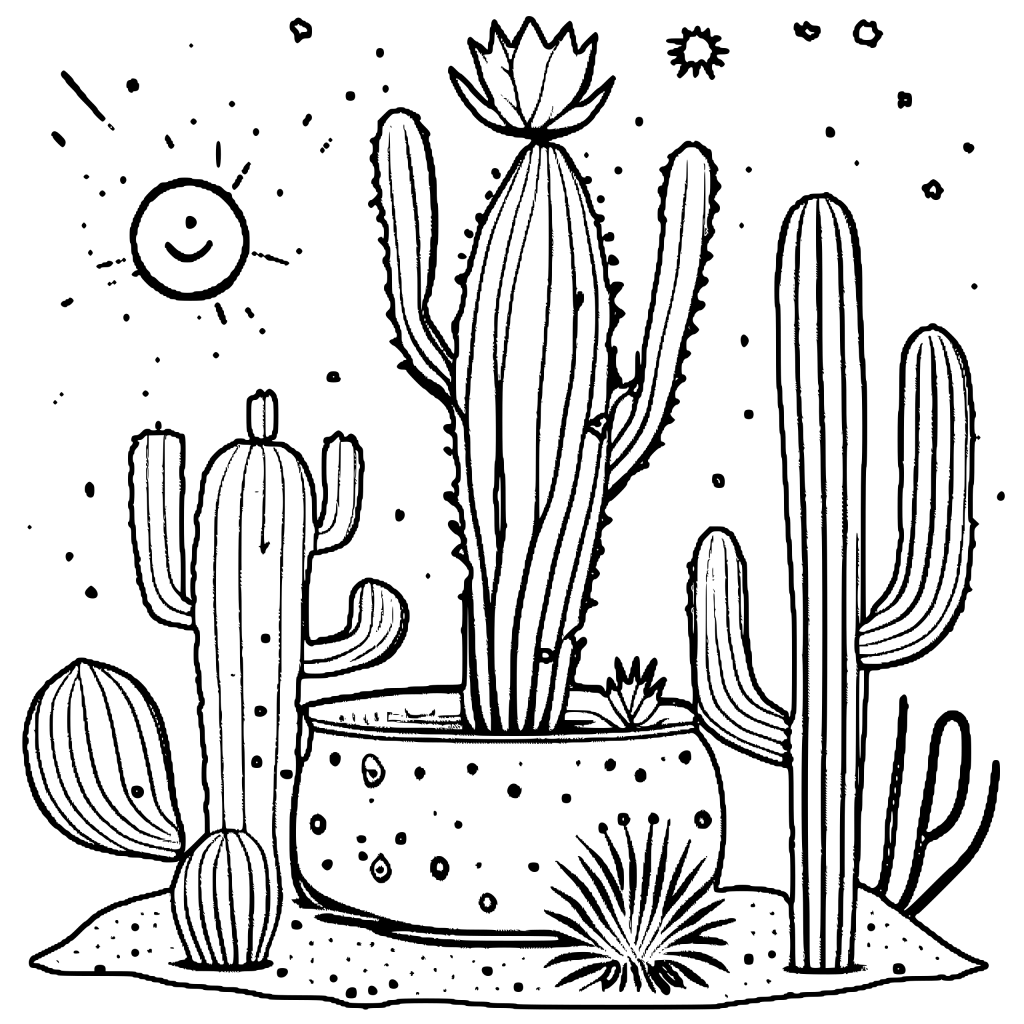 Whimsical Cactus Oasis Coloring Page · Creative Fabrica
