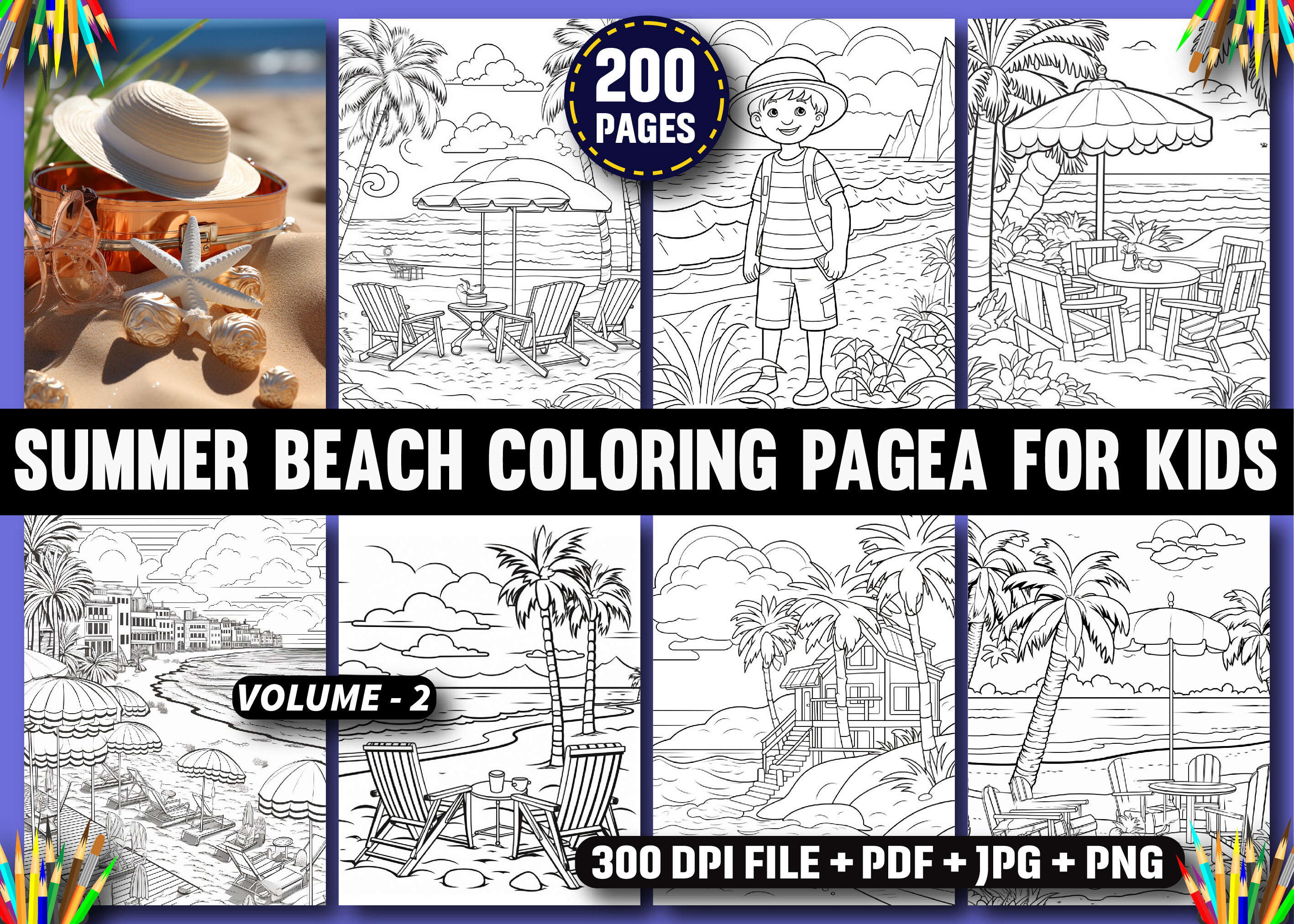 200 Summer Beach Coloring Pages for Kids Graphic by ArT DeSiGn ...