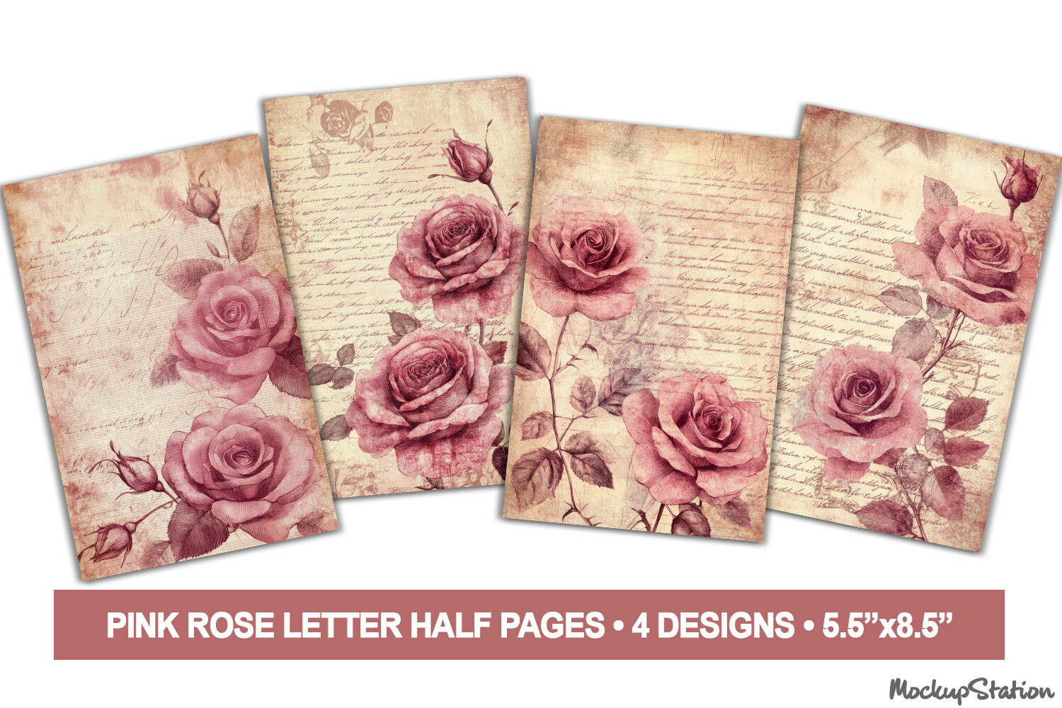 Vintage Old Letter Roses Papers, Pink Graphic by Mockup Station ...